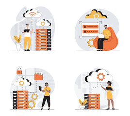 Poster - Cloud data center concept with character set. Collection of scenes people work in server room with computing process, technical engineers with hardware racks. Vector illustrations in flat web design