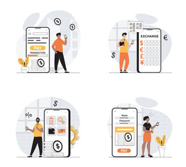 Aufkleber - Mobile banking concept with character set. Collection of scenes people doing financial transactions, currency exchange and money transfers in smartphone app. Vector illustrations in flat web design