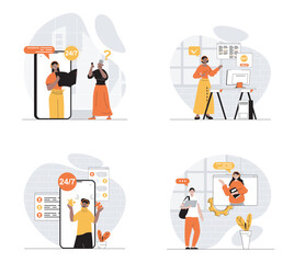 Poster - Customer support concept with character set. Collection of scenes people in headset consulting clients and solving tech problems via calls and online chats. Vector illustrations in flat web design
