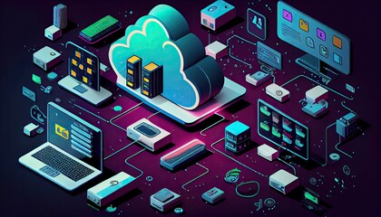 Wall Mural - Cloud technology computing Devices connected to digital storage in the data center via the Internet IOT Smart Home Communication laptop tablet phone home devices with an online