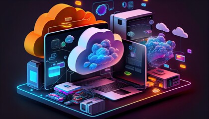 Wall Mural - Cloud technology computing Devices connected to digital storage in the data center via the Internet IOT Smart Home Communication laptop tablet phone home devices with an online