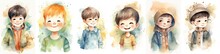 Watercolor Style Illustration Set Of Lovely Young Boys Spring Collection Portrait, Generative Ai