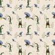 Seamless pattern with frogs and birds. Frog on skateboard, frog with weight, bird in aviator hat on beige background. Print for kids design, textile, paper, books 