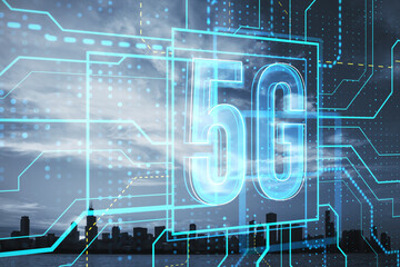 Aufkleber - Abstract glowing linear 5g hologram on blurry city background. 5G network and wireless systems. Double exposure.