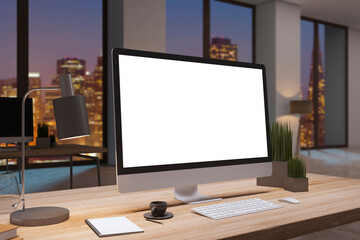 Wall Mural - Close up of designer office desktop with empty white computer monitor, window with night city view, decorative items and supplies. Mock up, 3D Rendering.