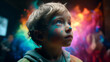 © Magnetu - a Kids experiencing the radiant euphoria in colorful powders explosion background Generative AI