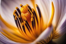 Close-up Of Crocus Flower, With Its Delicate Petals And Yellow Stamen In Full Bloom, Created With Generative Ai