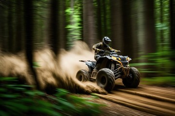 Canvas Print - atv speeding through forest, with trees whipping past in blur, created with generative ai