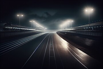 Canvas Print - race track at night, with lights illuminating the way and spectators in the stands, created with generative ai