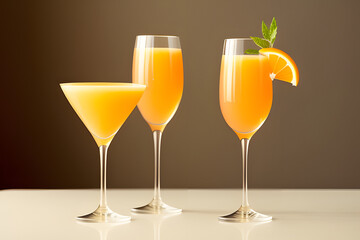 Mimosa alcohol cocktail drink with orange juice and cold dry champagne or sparkling wine in glasses. Beige background, hard light, shadow pattern