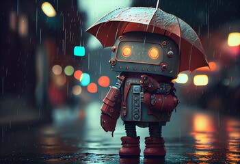 Robot holding an umbrella in the rain, illustration. Generative AI