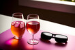 © Floor - Wineglass close up, two glasses of rose wine in bright sunlight. Summer alcohol drinks concept. Pink monochrome photo