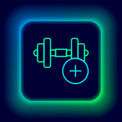 Sticker - Glowing neon line Dumbbell icon isolated on black background. Muscle lifting, fitness barbell, sports equipment. Colorful outline concept. Vector