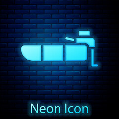 Poster - Glowing neon Inflatable boat with outboard motor icon isolated on brick wall background. Vector