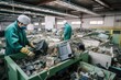 e-waste recycling plant, with workers sorting and dismantling used electronics, created with generative ai