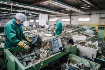 Canvas Print - e-waste recycling plant, with workers sorting and dismantling used electronics, created with generative ai