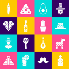 Poster - Set Tequila bottle, Pinata, Mexican sombrero, Avocado fruit, Tabasco sauce, Poncho, Hot chili pepper pod and Cactus or succulent pot icon. Vector