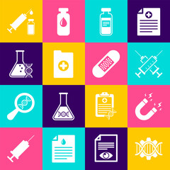 Wall Mural - Set Genetic engineering, Magnet with lightning, Crossed syringe, Medical vial, ampoule, Clinical record and DNA research, search icon. Vector