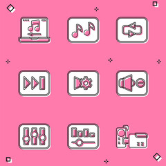 Sticker - Set Laptop with music, Music note, tone, Repeat button, Fast forward, video settings, Speaker mute, Sound mixer controller and equalizer icon. Vector