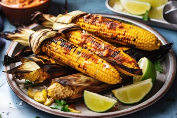 Sticker - grilled corn cobs, piled on platter with grilled fish and lemon wedges, created with generative ai