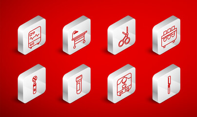 Poster - Set line Medical saw, Operating table, scissors, Test tube and flask, X-ray machine, Monitor with cardiogram, blood and Electric toothbrush icon. Vector