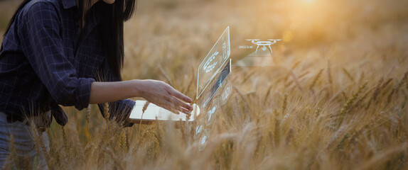 Farmer using digital tablet computer and modern interface icons with light shines sunset, Business agriculture technology concept.