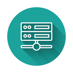 Sticker - White line Server, Data, Web Hosting icon isolated with long shadow. Green circle button. Vector