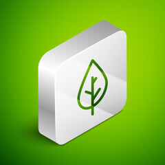 Sticker - Isometric line Leaf icon isolated on green background. Fresh natural product symbol. Silver square button. Vector