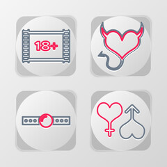 Poster - Set line Male and female heart, Silicone ball gag, Devil with horns and Play Video 18 plus icon. Vector