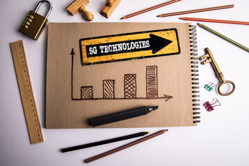 Canvas Print - 5G technologies. Yellow signpost with text on office desk