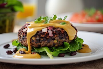 Sticker - scrumptious veggie burger with quinoa and black bean patty, topped with oozing melted cheese, created with generative ai