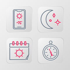 Poster - Set line Compass, Calendar and sun, Moon stars and Weather forecast icon. Vector