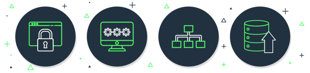 Poster - Set line Monitor with password, Hierarchy organogram chart, Secure your site HTTPS, SSL and Server, Data, Web Hosting icon. Vector
