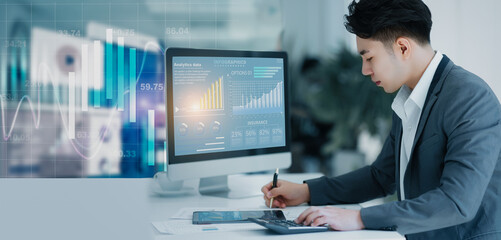 Asian businessman working with finance marketing chart and advisor showing plan of investment to clients at table office. Digital marketing.