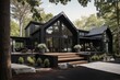 modern cape cod house with contemporary exterior, featuring black metal and glass accents, created with generative ai