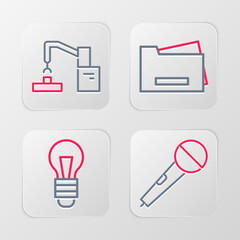 Poster - Set line Microphone, Light bulb, Printer and Robotic robot arm hand factory icon. Vector
