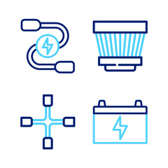 Poster - Set line Car battery, Wheel wrench, air filter and jumper power cable icon. Vector