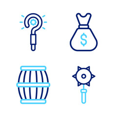 Poster - Set line Medieval chained mace ball, Gun powder barrel, Old money bag and Magic wand icon. Vector