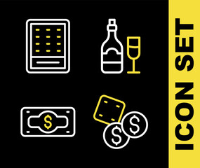 Poster - Set line Champagne bottle with glass, Game dice, Stacks paper money cash and Lottery ticket icon. Vector
