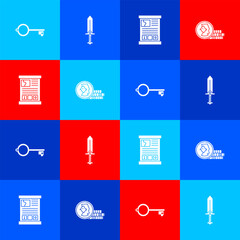 Poster - Set Ancient key for game, Sword, Game guide and Coin icon. Vector