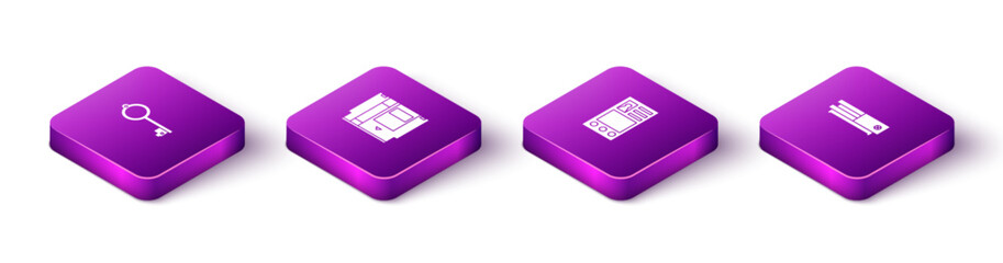 Sticker - Set Isometric Ancient key for game, Cartridge, Create account screen and Video console icon. Vector