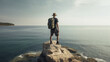 © AdriFerrer - Young man with backpack stretching looking at the sea. Generative AI