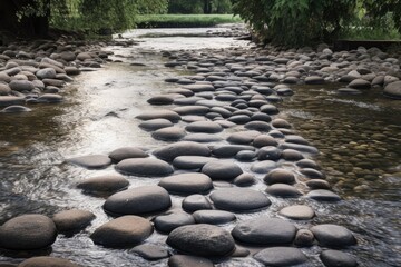 Wall Mural - flowing water over smooth pebbles and stepping stones in the park, created with generative ai