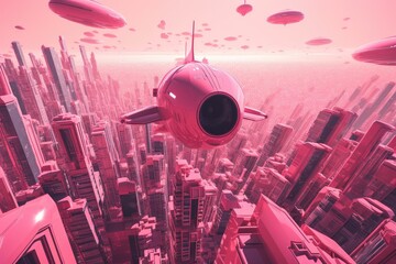 Wall Mural - pink futuristic scene with flying spacecraft and detailed cityscape, created with generative ai