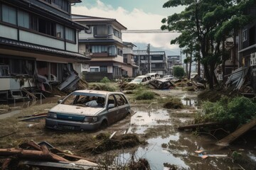 Wall Mural - residential neighborhood with flooded streets and overturned cars after tsunami hits coastline, created with generative ai