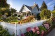 © Natalia - cozy house exterior with picket fence and flowering garden, created with generative ai