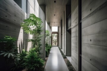 Sticker - concrete wall lined with greenery and natural light for a sleek, modern look, created with generative ai