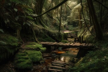 Poster - forest with duckboards path and hidden waterfall, created with generative ai