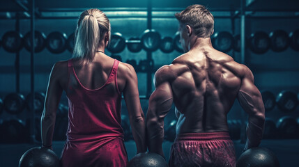 back view of a muscular young couple standing back to back in a gym. generative ai