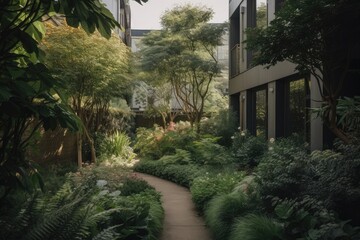 Sticker - glimpse of lush garden with peeks of contemporary architecture in the background, created with generative ai